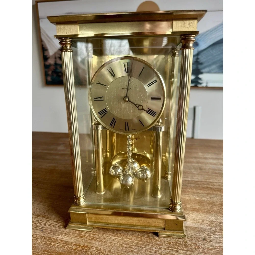 Vinatge Montreux Anniversary Clock Quartz Brass Glass Case Made In Germany READ